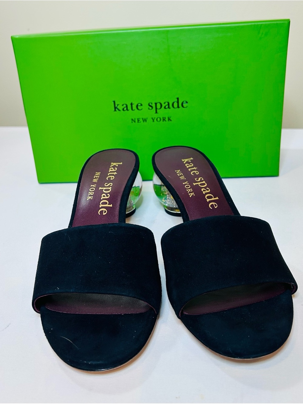 Kate Spade NYC Scene Snowglobe Ball Heel Polished Suede Slide NIB Size 10